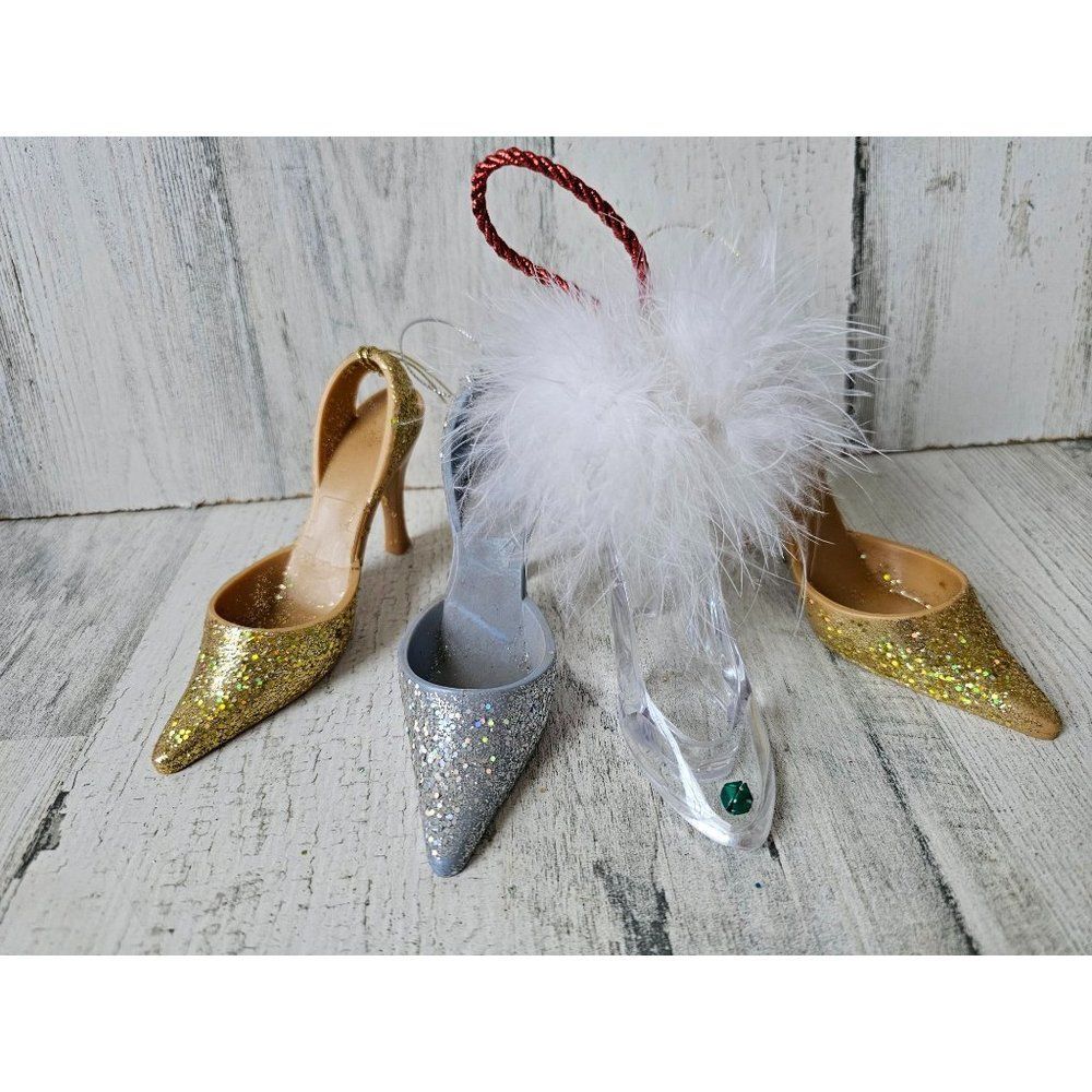 Feather glitter gold stiletto‎ heel shoe ornament set Xmas vintage tree